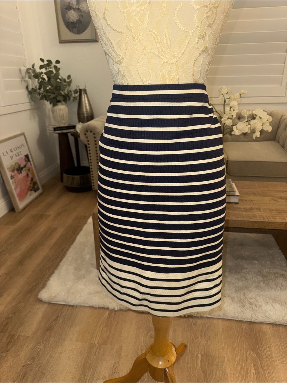 J. Crew Navy and White Striped Pencil Skirt